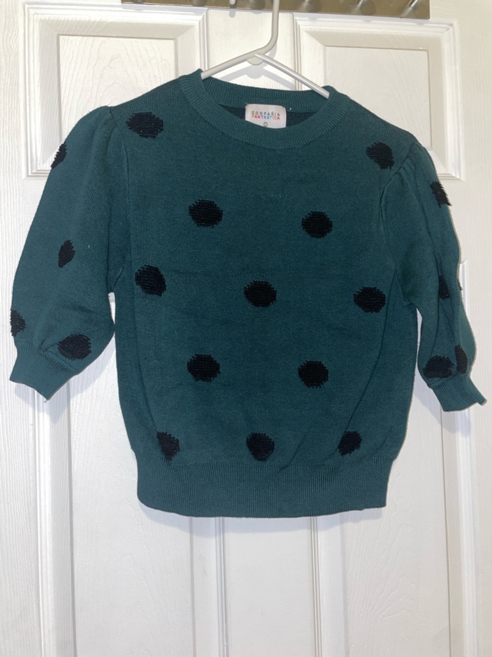 Compania fantastica teal dark green black polka dot puff sleeve sweater